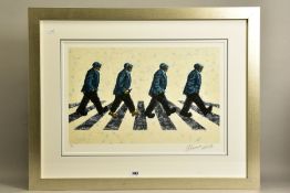 ALEXANDER MILLAR (SCOTTISH 1960) 'SHABBY ROAD' a limited edition print of four figures on a zebra