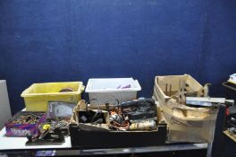 FOUR TRAYS CONTAINING VINTAGE POWER TOOLS AND HANDTOOLS including a Stanley Bailey No4 1/2 plane,