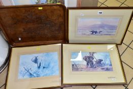 FOUR FRAMED PRINTS comprising three David Shepherd prints with pencil signatures to the mounts and