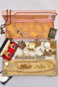 A BAG OF ASSORTED COSTUME JEWELLERY, FOB, WATCHES AND COMMEMORATIVE COINS, to include imitation