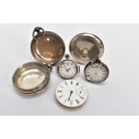 TWO SILVER POCKET WATCHES AND TWO OTHERS, to include a silver open face pocket watch, plain polished