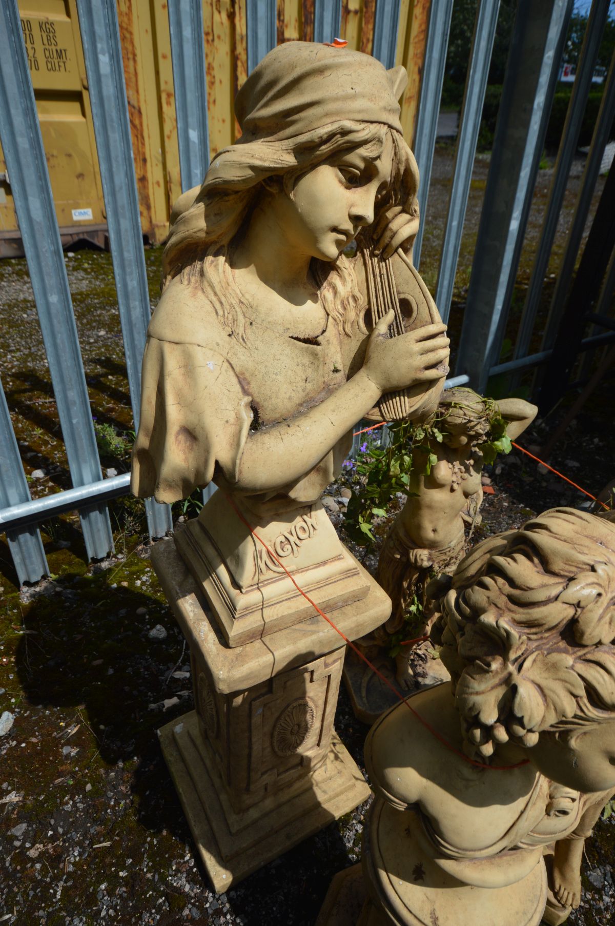 FOUR SIMILAR COMPOSITE GARDEN FIGURES, to include a female playing a mandolin, on a separate plinth, - Image 2 of 5