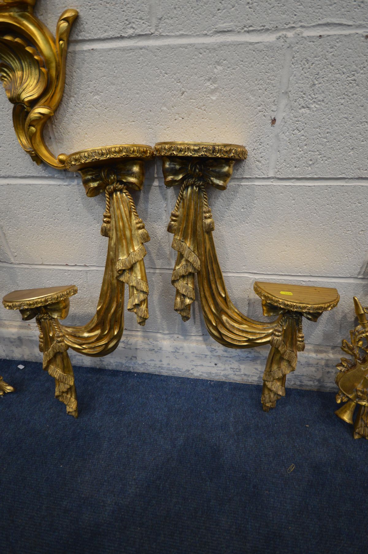 THREE PAIRS OF LATE 20TH CENTURY GILT WALL ART/DECORATION, and a rococo style glass two tier wall - Image 3 of 6