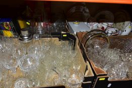 FOUR BOXES OF GLASSWARE AND CERAMICS, ETC, including a set of six cut glass drinking glasses,