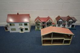 FOUR DISTRESSED DOLLS HOUSES, two are tri-ang style, one manufactured by Lundby (all in need of