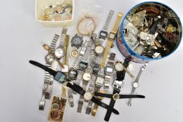 A TIN OF ASSORTED WRISTWATCHES AND PARTS, to include a quantity of ladies and gent's wristwatches