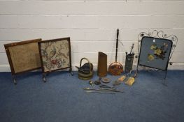 A COLLECTION OF METALWARE to include a wrought iron mirrored fire screen (Sd) metal companion set,