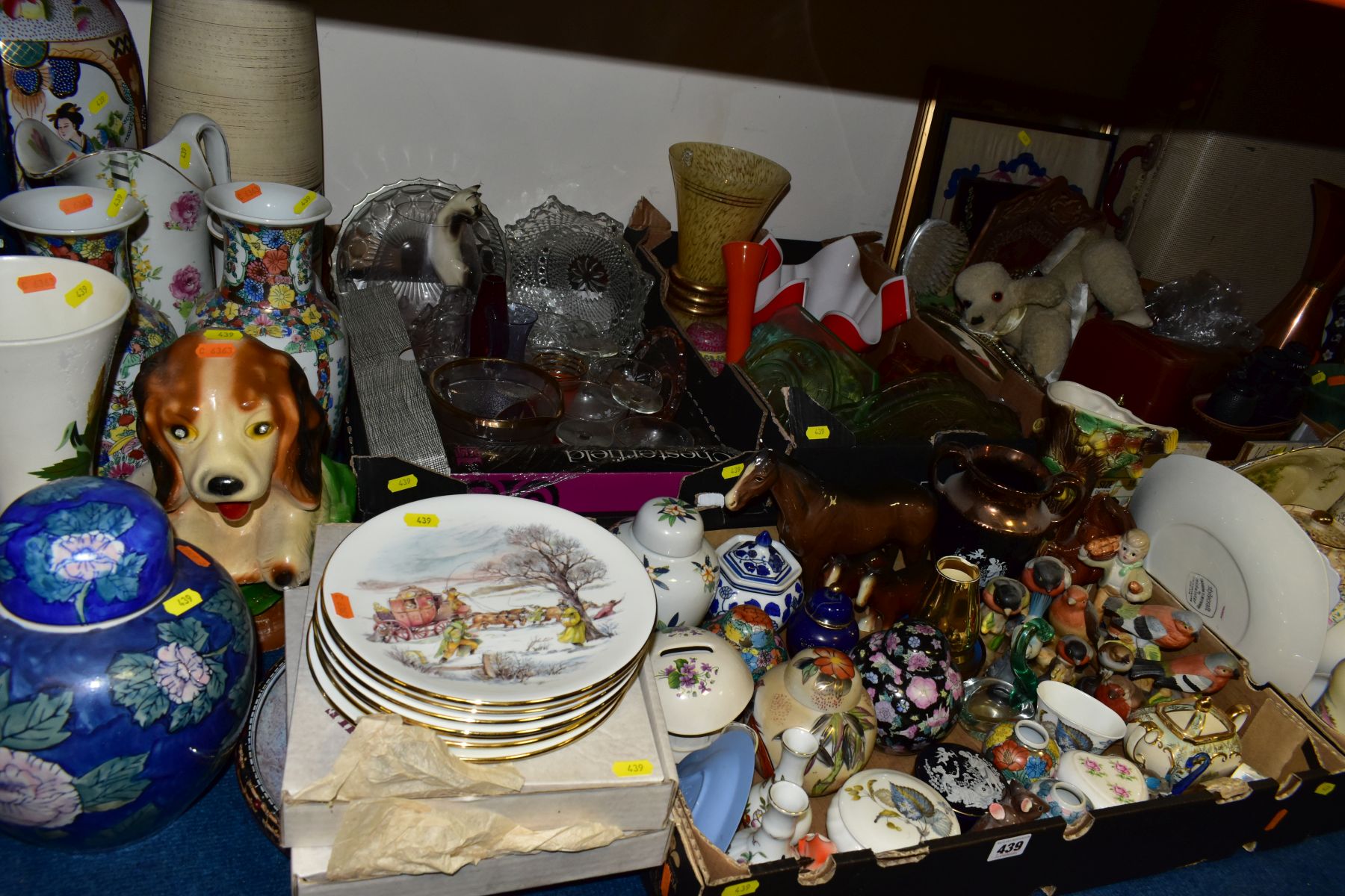 FIVE BOXES AND LOOSE CERAMICS, GLASSWARE AND METALWARES, etc, including two sets of four Royal