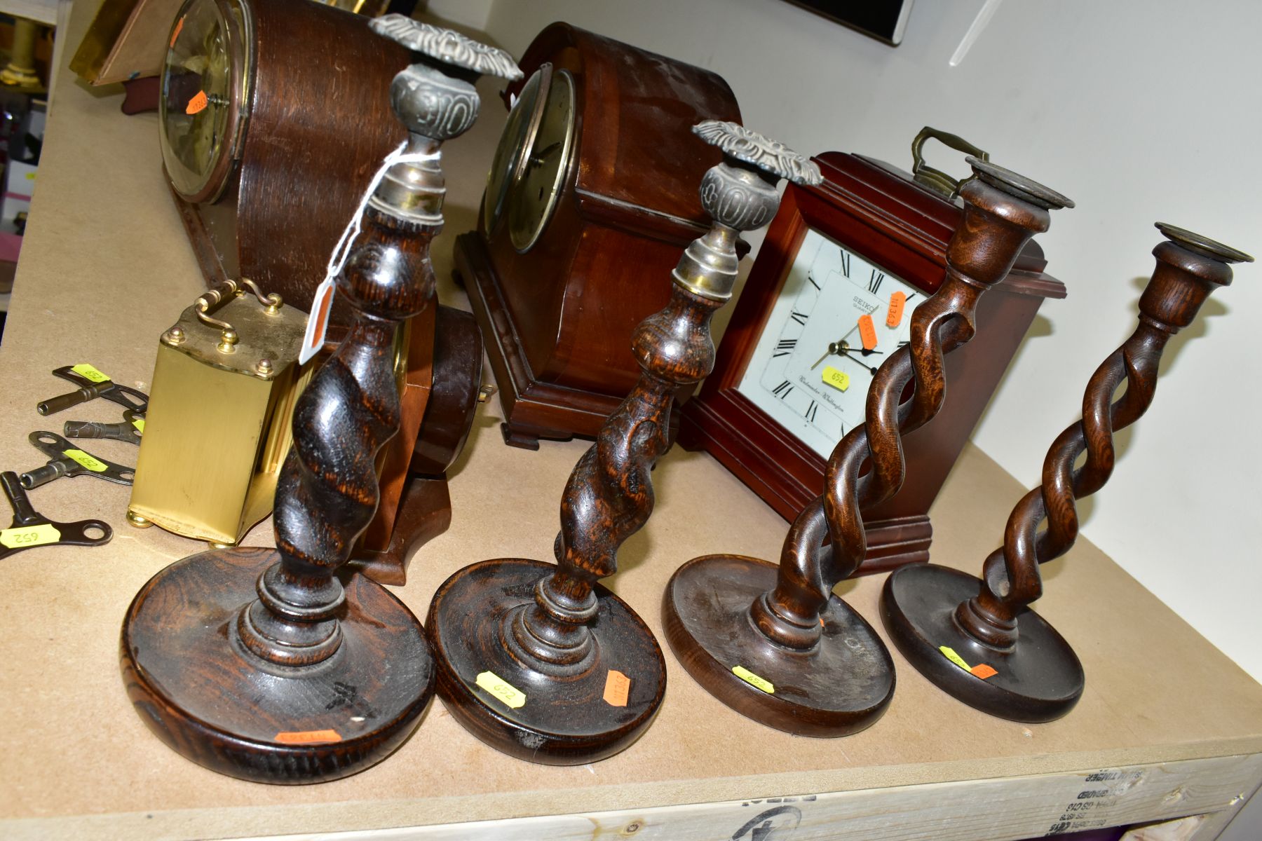 FIVE CLOCKS AND TWO PAIRS OF OAK BARLEY TWIST CANDLESTICKS, candlestick heights 29cm and 31cm - Image 7 of 8