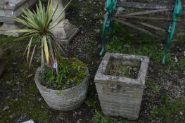 A COMPOSITE CIRCULAR BARREL EFFECT PLANTER containing an aloe yukker plant, and a square planter (