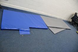 THREE FITNESS MATS, two in grey 200cm x 100cm, the other is shaped 120cm at its widest and 183cm