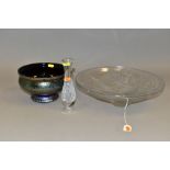 THREE PIECES OF GLASSWARE, comprising an Arrers circular frosted glass bowl moulded with leaves