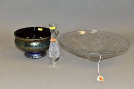 THREE PIECES OF GLASSWARE, comprising an Arrers circular frosted glass bowl moulded with leaves