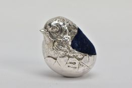 AN EARLY 20TH CENTURY SILVER PIN CUSHION, in the form of a realistically textured hatching chick,