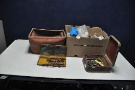 TWO TRAYS CONTAINING TOOLS AND HARDWARE including drill bits, reaming bits, toolmakers clamp, etc