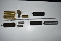A COLLECTION OF VINTAGE CLOCK WEIGHTS, to include two brassed modern long cased clock weights, three