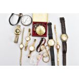 A BOX OF ASSORTED WRISTWATCHES AND POCKET WATCHES, to include a cushioned shaped gold-plated 'Slava'