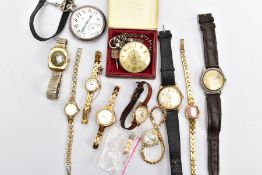 A BOX OF ASSORTED WRISTWATCHES AND POCKET WATCHES, to include a cushioned shaped gold-plated 'Slava'