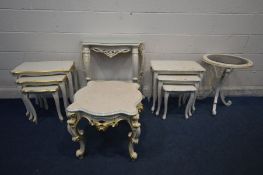 A COLLECTION OF WHITE PAINTED CONTINENTAL OCCASSIONAL FURNITURE to include a hall table (glass top),