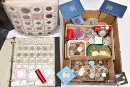 A BOX AND TWO ALBUMS OF MIXED COINAGE OF THE WORLD