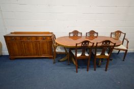 A YEWWOOD TWIN PEDESTAL DINING TABLE, with one additional leaf, open length 199cm x closed length
