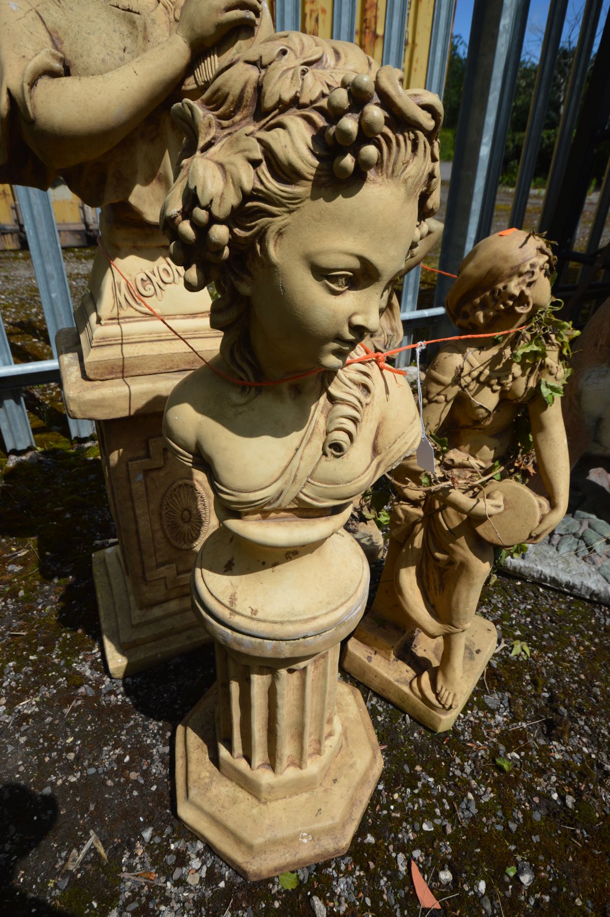 FOUR SIMILAR COMPOSITE GARDEN FIGURES, to include a female playing a mandolin, on a separate plinth, - Image 3 of 5