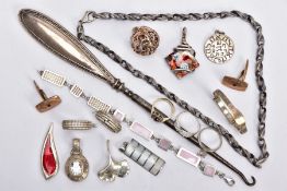 A BAG OF ASSORTED SILVER AND WHITE METAL ITEMS, to include a silver handled and steel button hook,