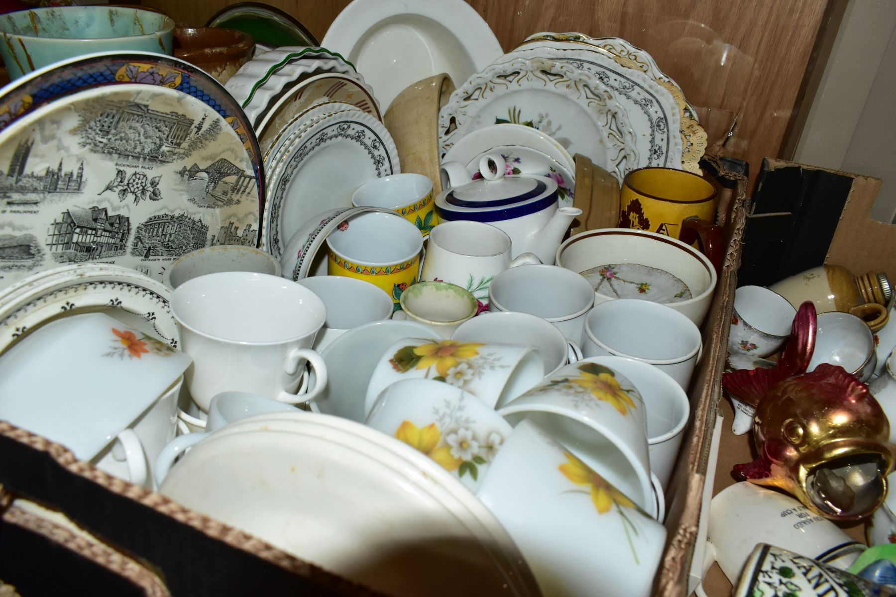 FIVE BOXES OF ASSORTED CERAMICS, including Sylvac dogs and rabbit, s.d, a Szeiler Corgi dressed in - Image 5 of 6