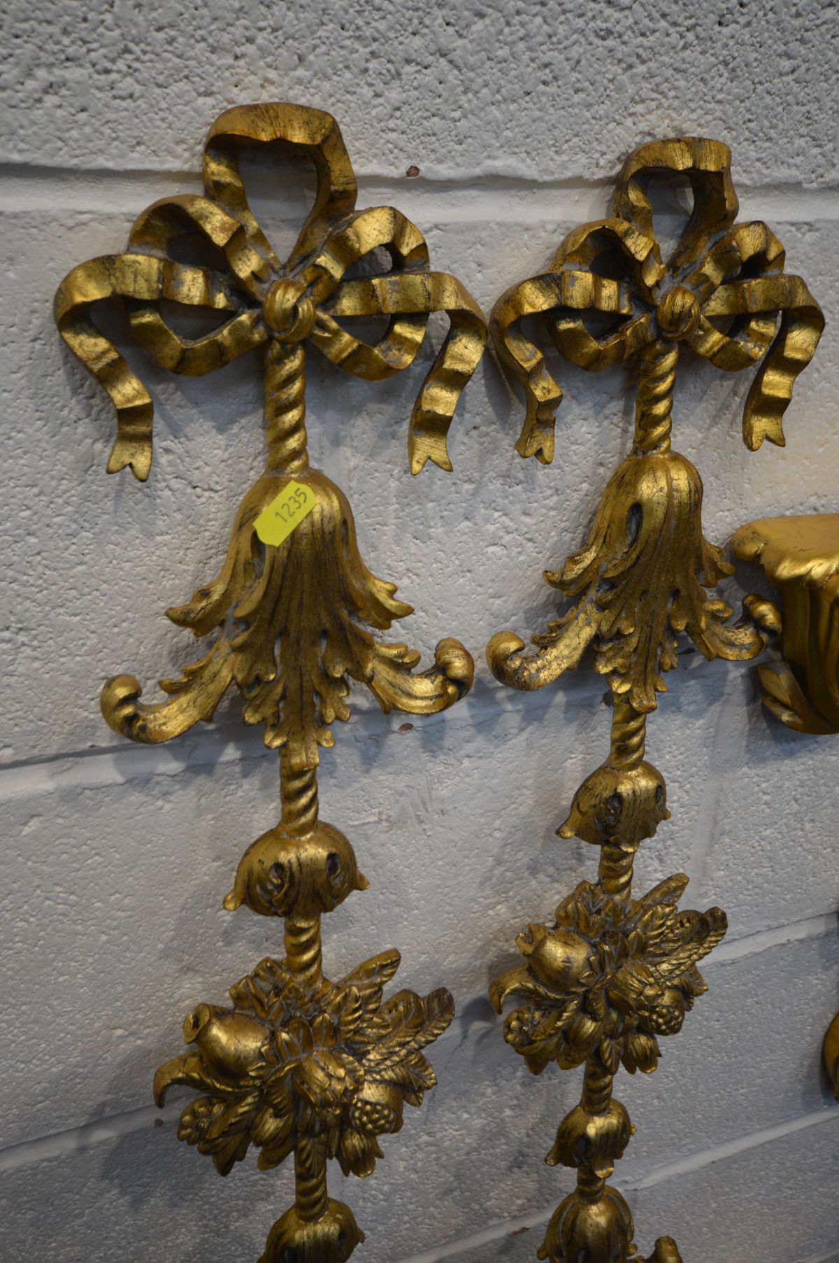 THREE PAIRS OF LATE 20TH CENTURY GILT WALL ART/DECORATION, and a rococo style glass two tier wall - Image 6 of 6