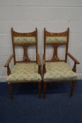 A PAIR OF ARTS AND CRAFTS OAK OPEN ARMCHAIRS, inlaid with art nouveau decoration, above pierced