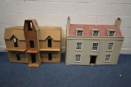 A WOODEN DOLLS HOUSE, modelled as a three story Georgian house, front opening to reveal four rooms
