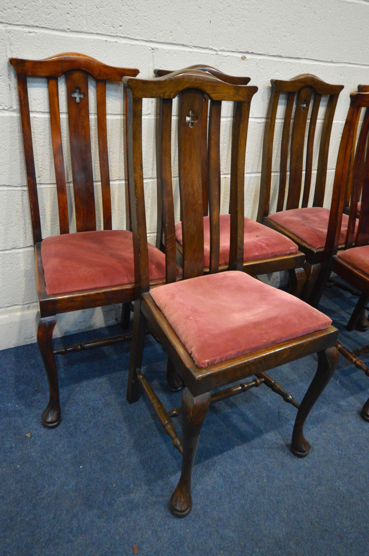 A SET OF EIGHT EARLY 20TH CENTURY STAINED BEECH DINING CHAIRS, with pierced quatrefoil to central - Image 2 of 4