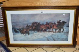 LUCY KEMP-WELCH (1869-1958) 'BIG GUNS TO THE FRONT' a framed print depicting soldiers and heavy