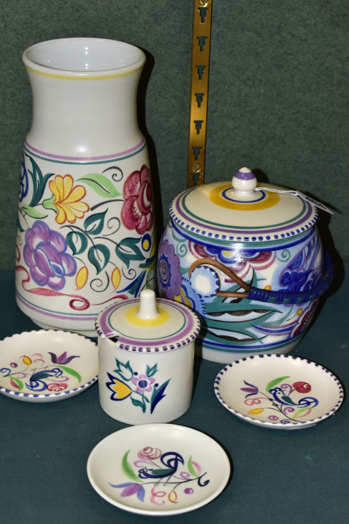 A GROUP OF POOLE POTTERY, comprising a biscuit barrel, Bluebird design, impressed backstamp (one - Image 5 of 7