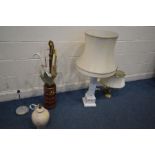 A WHITE GLASED CERAMIC DOULTON PLYNTH STYLE TABLE LAMP, labelled to side 'Doulton staffs', with a