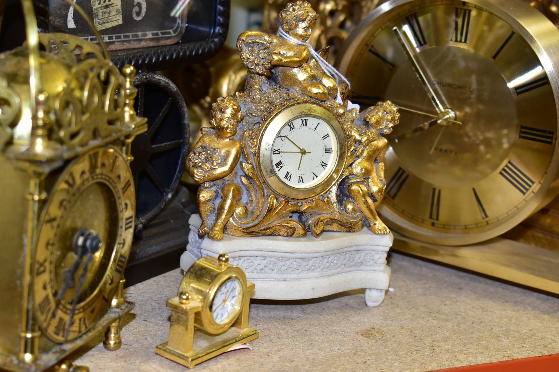 ELEVEN VARIOUS CLOCKS, all with quartz movements, including two wall clocks, a Churchill mantel - Image 3 of 11