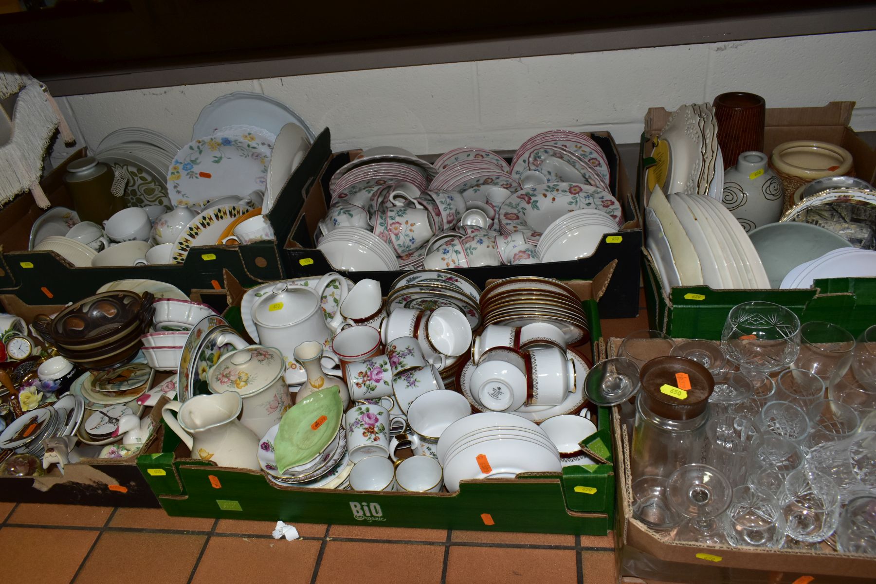 SIX BOXES OF CERAMICS AND GLASSWARE, including modern figural ornaments, a Churchill floral