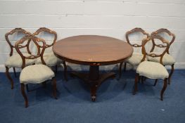 A VICTORIAN MAHOGANY BREAKFAST TABLE, diameter 115cm x height 73cm and six chairs (Sd and some