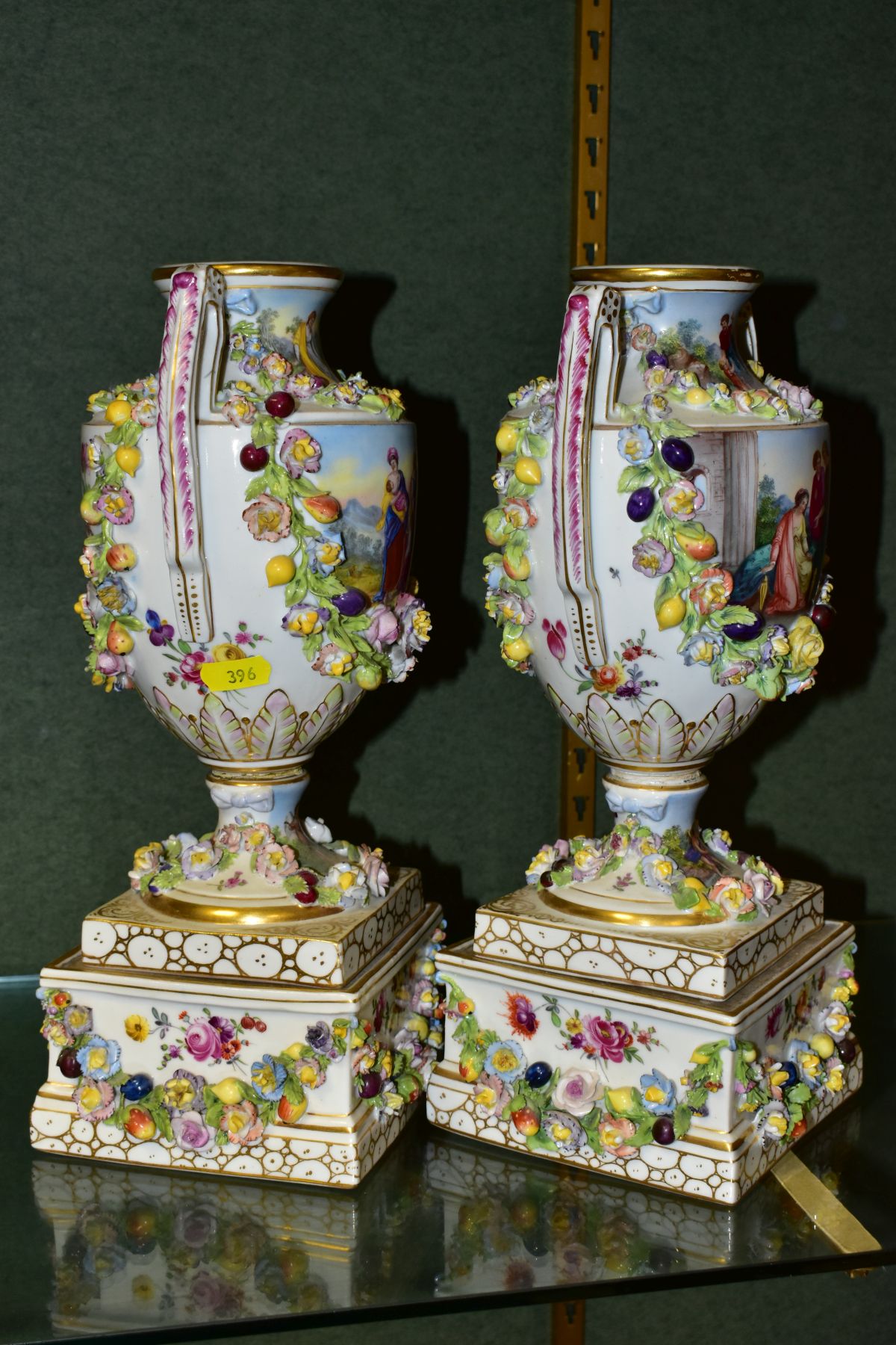 A PAIR OF EARLY 20TH CENTURY POTSCHAPPEL PORCELAIN TWIN HANDLED FLORAL ENCRUSTED VASES ON PLINTHS, - Image 4 of 20