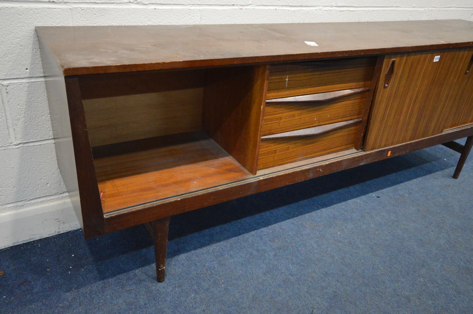 AN AFROMOSIA SIDEBOARD with zebrawood sliding doors and three drawers, on tapering legs, width 221cm - Image 3 of 5