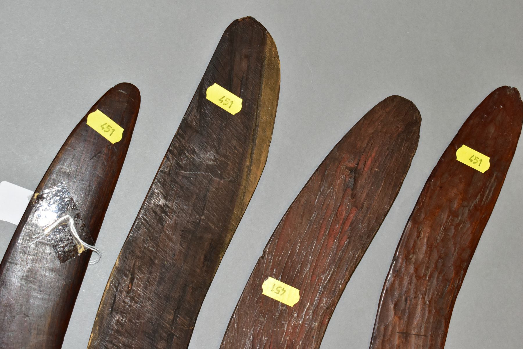 FOUR TRIBAL ART AUSTRALIAN ABORIGINAL BOOMERANGS, to include one carved to the side of arrows, - Image 6 of 9