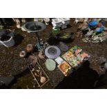 A QUANTITY OF VARIOUS GARDEN ORNAMENTS, to include a plastic bird bath, ewer shaped planter, five