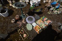 A QUANTITY OF VARIOUS GARDEN ORNAMENTS, to include a plastic bird bath, ewer shaped planter, five