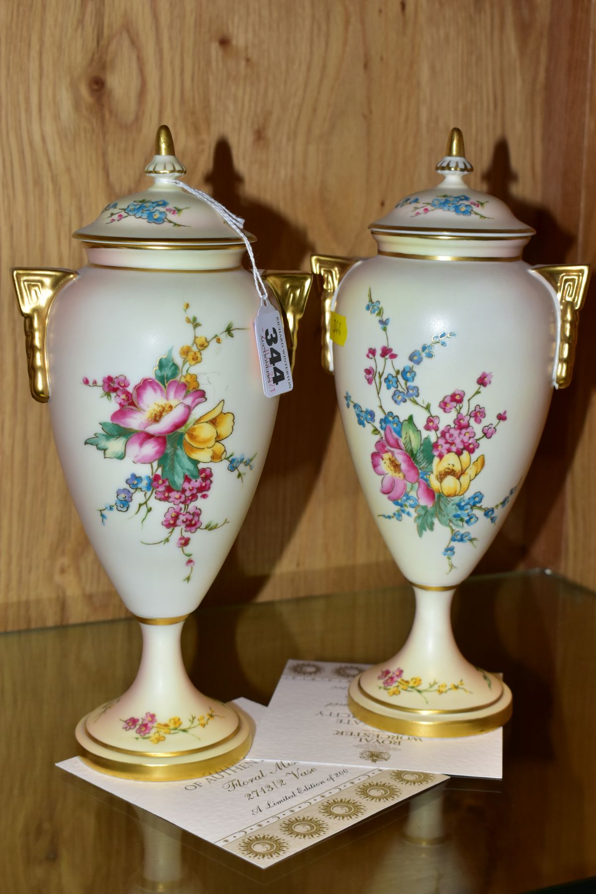 A PAIR OF LATE 20TH CENTURY ROYAL WORCESTER BLUSH IVORY LIMITED EDITION COVERED VASES, 'Floral Mist' - Image 3 of 9