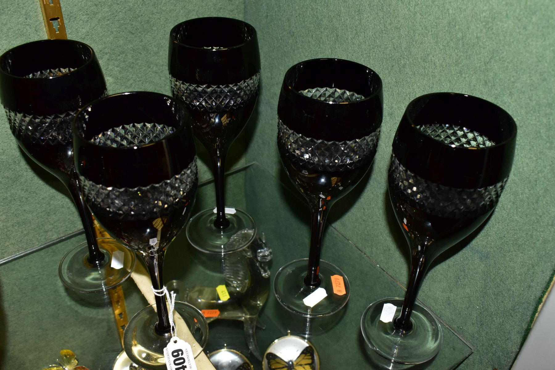 A SET OF FIVE WATERFORD CRYSTAL JOHN ROCHA BLACK CUT WINE GLASSES, all with etched Waterford - Image 4 of 5