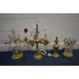 A BRASS SIX BRANCH TABLE LAMPS, a brass and glass three branch table lamp and two other table