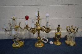 A BRASS SIX BRANCH TABLE LAMPS, a brass and glass three branch table lamp and two other table