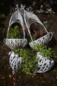 A PAIR OF METAL HANGING PLANT BASKETS, drop 88cm and another pair of hanging baskets, both painted