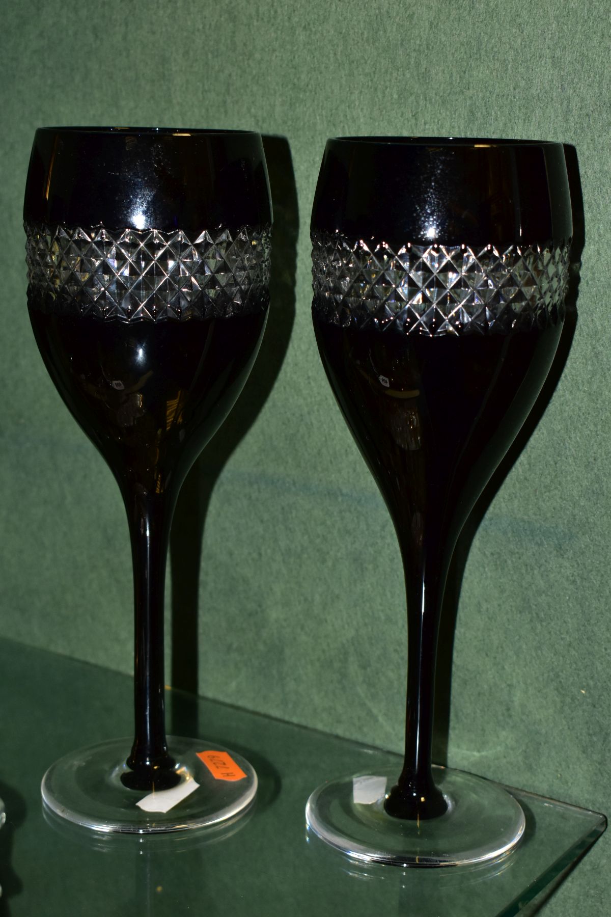A SET OF FIVE WATERFORD CRYSTAL JOHN ROCHA BLACK CUT WINE GLASSES, all with etched Waterford - Image 2 of 5