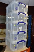 FIVE PLASTIC 'REALLY USEFUL BOXES', 18L, with handles